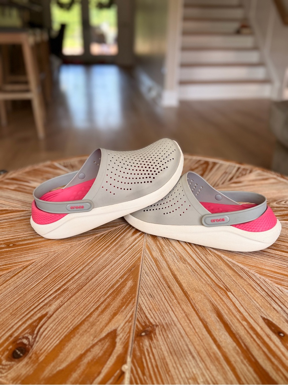 CROCS Women's Gray Slip-On Clogs with Pink Heel Accents